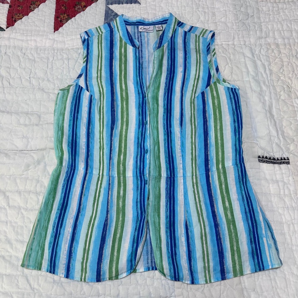 Kim Rogers Sleeveless‎ Top Blue Green Striped Linen Shirt Medium